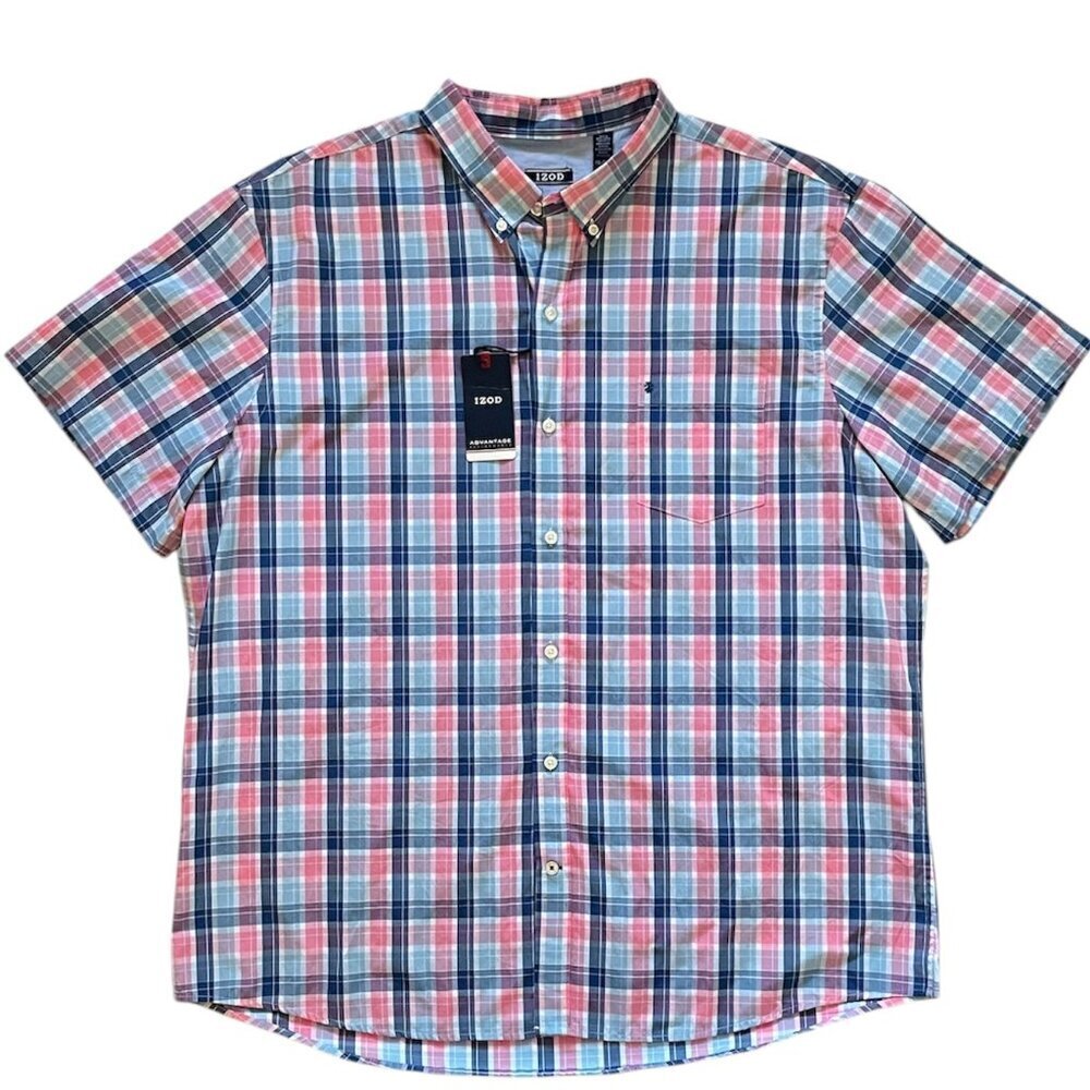 IZOD Advantage Performance Plaid Button Up Shirt Mens 2XL Short Sleeve